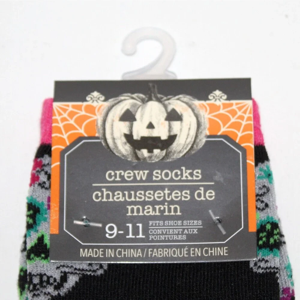 1 pair Socks Día De Los Muertos black pink size 9 - 11 Skull Halloween unisex